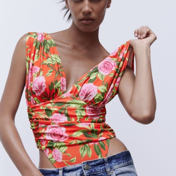 NWT - Zara Floral Printed Draped Bodysuit - Picture 1 of 7
